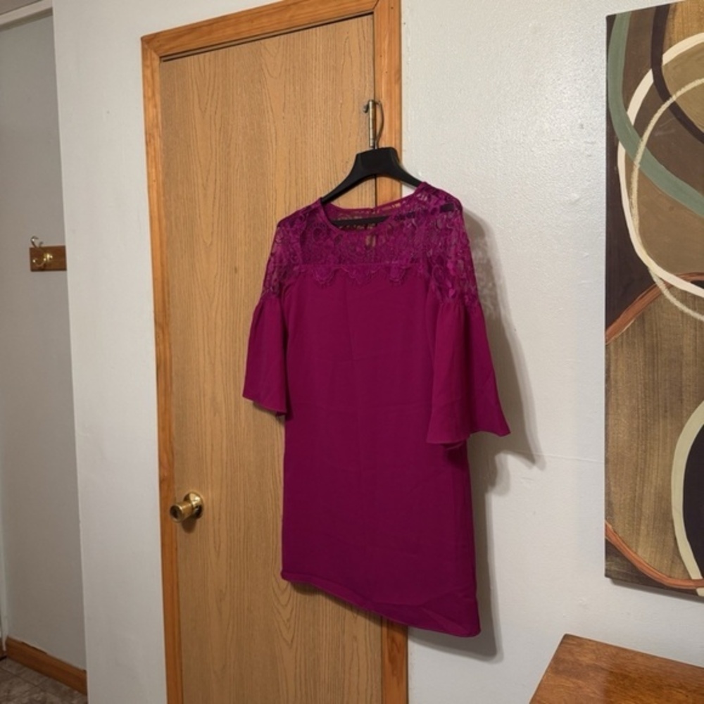 Devlin Small Solid Fuchsia Red/Purple Above Knee w/Bell Sleeves Shift Dress